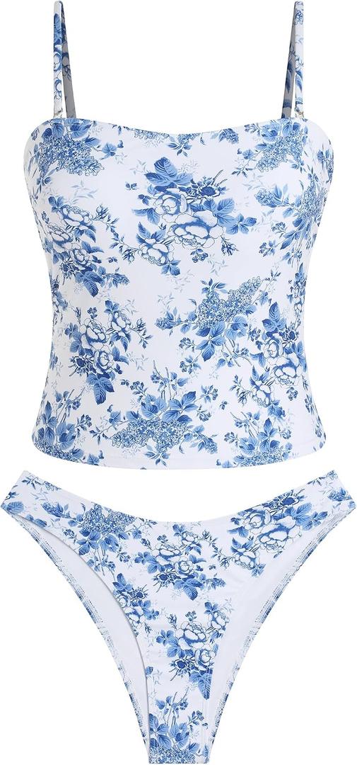 ZAFUL Women's Floral Tankini Swimsuits Bandeau Tummy Control High Cut Tankini Set Two Piece Bathing Suit(1-Blue, M)