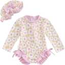 MERSARIPHY Baby Girl One-Piece Swimsuit Rash Guard Toddler Infant Zipper Long Sleeve Swimwear+Hat Bathing Suit Swimwear (12-18 Months) Pink P