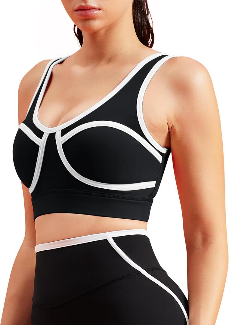Women Sports Workout Bras Contrast Piping Bras Wirefree Yoga Bra Padded Sports Bra (Black, S)
