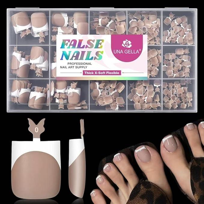 UNA GELLA 6 IN 1 X-Soft Toe Nail Press Ons 15 Sizes, French Brown Soft Gel Toe Press Ons Big Wide Matte Square Toe Nail Tips Fake Acrylic Toe Nails Press On Toenails for Women Nail Extensions 330Pcs