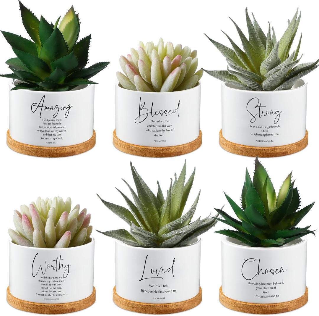 Sieral 6pcs Bible Verse Succulent Pots 3 x 3 x 2 Inch Christian Gift White Ceramic Flower Planter with Bamboo Tray Small Pots Succulent Planters for Patio Garden, Plants Not Included (Bright)