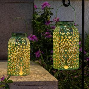 Homeimpro Outdoor Solar Lanterns Waterproof Peacock Gardening Gifts for Women, Big Solar Garden Decor, Yard Art, Outside, Patio, Birthday Gifts for Mom Grandma (2 Pack, Antique Green)
