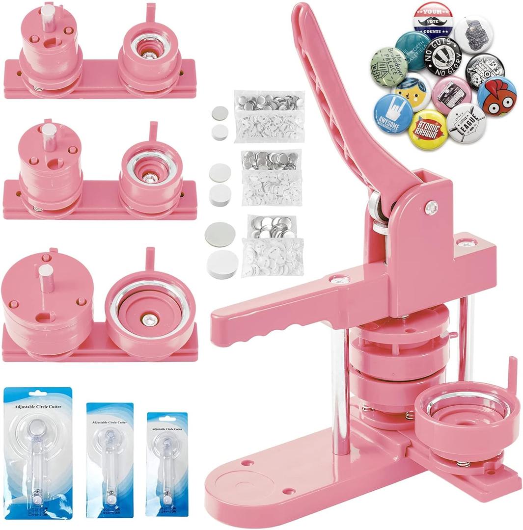 Pin Maker, Button Maker Machine, Pin Maker Machine Kit Includes 300Pcs Pins 25/32/58mm (1/1.25/2.25 inch), 3 Circle Paper Cutters, DIY Button Pin Maker, Button Badge Press Machine(Pink) (Round)