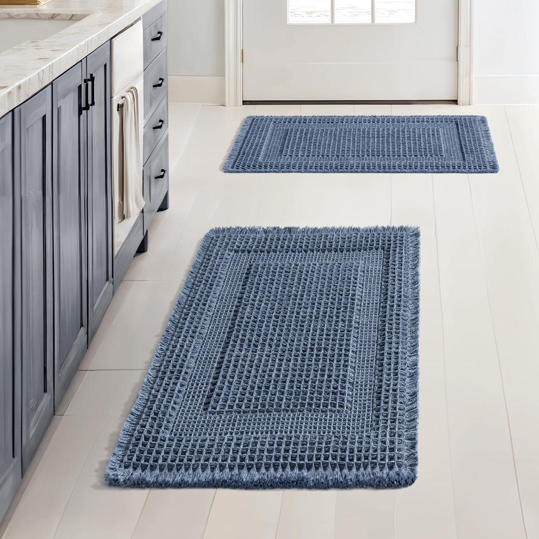 MIULEE Set of 2 Waffle Bathroom Rugs, Boho Bath Rug Super Absorbent, Non Slip Washable Ultra Soft Rubber Backed Shower Bath Mats for Floor, Tub, Shower, Looped Design, Blue, 17x24 Inch
