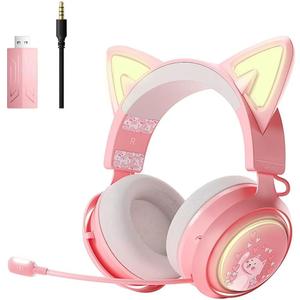 SOMIC Cat Ear Headphones, 2.4G/Bluetooth Wireless Gaming Headset for PS5, PS4, PC with RGB Lights and Retractable Mic, 10Hrs Playtime, 7.1 Surround Sound for Laptop, Smartphone-GS510 Pro - Pink