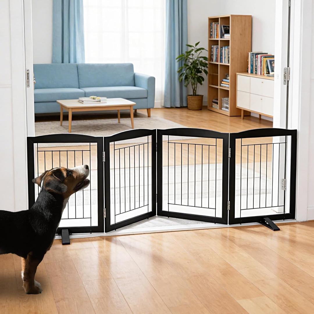 ZJSF Freestanding Dog Fence Indoor, Foldable Dog Gate for Doorways, Stairs or Hallways, Sturdy Wood Extra Wide Pet Gate with Support Feet for The House, Black, 24 "Height-4 Panels