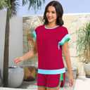 Women Shorts Sets 2-Piece Outfits Summer Casual Short Sleeve Beach Cruise Wear Lightweight Loungewear (Pink, S)