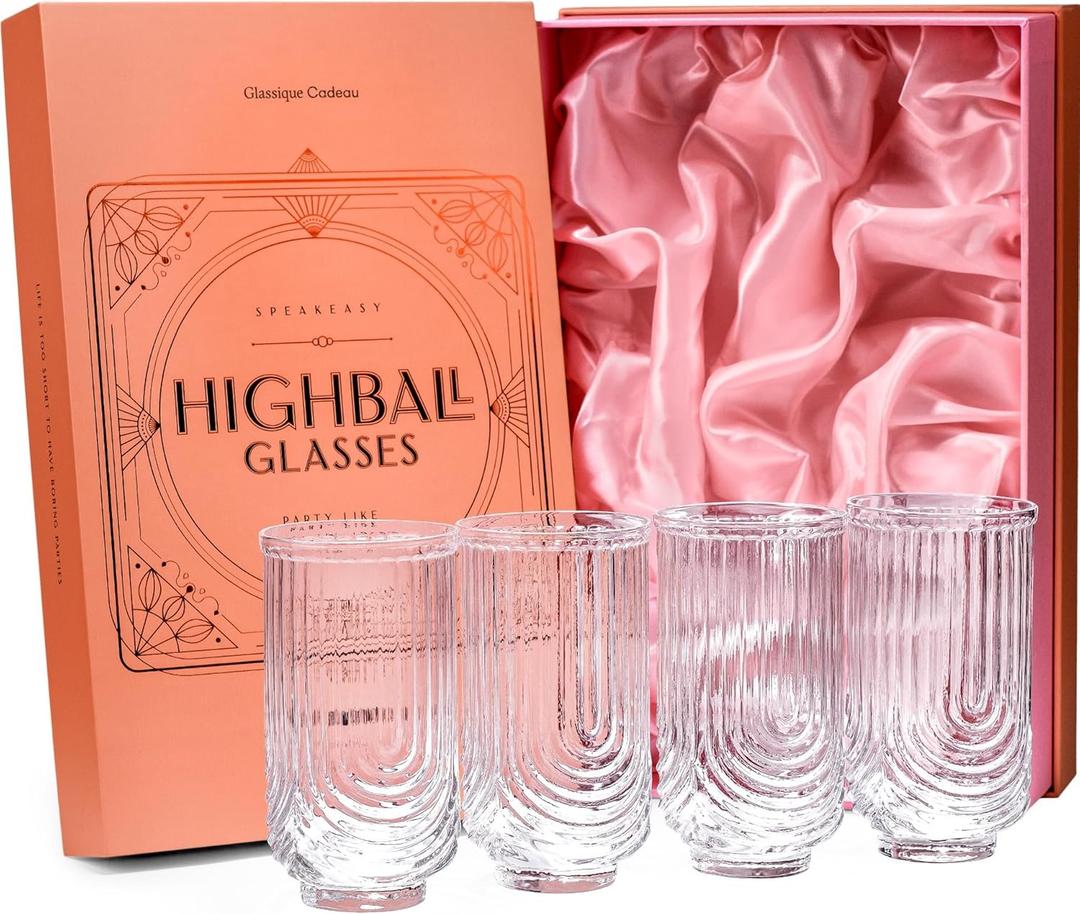 Vintage Art Deco Highball Gatsby Cocktail Glasses | Set of 4 | 14 oz Double HiBall Glassware for Drinking Mojito, Gin Rickey, Whiskey Highball, Classic Long Bar Drinks | Large Tall Tumblers