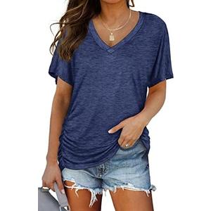 WIHOLL Womens Short Sleeve V Neck Dolman Tops with Side Shirring Loose Fit Shirts Medium