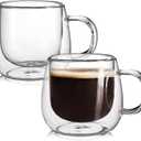 Double Wall Glass Coffee Mugs 16oz Set of 2 Insulated Clear Tea Cups with Handle, Perfect for Espresso, Latte and Cappuccinos