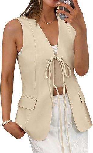 Cicy Bell Womens Tie Front Blazer Vest Summer Sleeveless V Neck Tank Top 2025 Casual Business Waistcoat (XL)