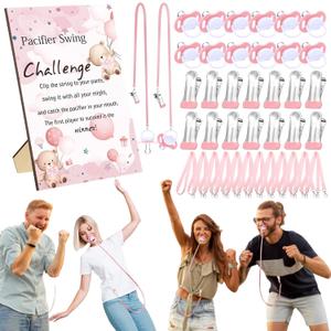 Geelin 12 Sets Swing Pacifier Baby Shower Games Funny Gender Reveal Games, Include 1 Wooden Sign and 12 Plastic Pacifiers for Bridal Baby Shower Gender Reveal Party Women Men(Bear,Pink)