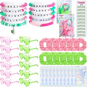 Flutesan 70 Pcs Witch Party Favors Pink and Green Heart Shaped Glasses Witch Theme Friendship Bracelets Pink and Green Hair Scrunchies with Thank You Stickers Laser Storage Bag for Wizard Fans Party