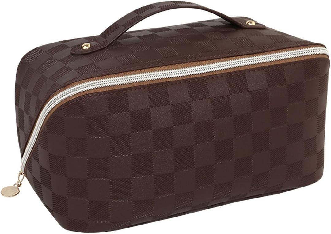 Travel Toiletry Bag Makeup Bag, Water-Resistent Cosmetic Bags for Women, Portable Pouch Open Flat Make Up Organizer Case, Cosmetic Bags, Brown Grid