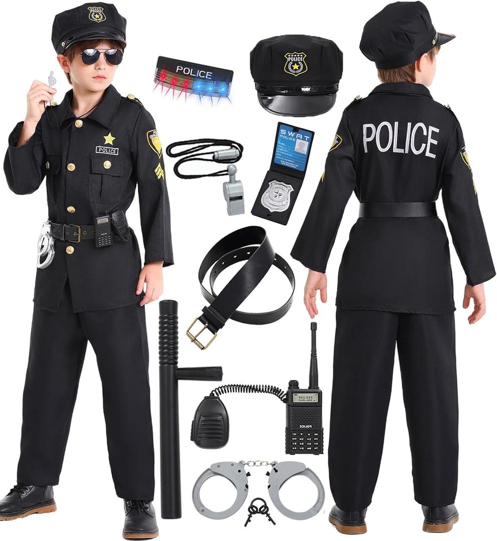 Police Officer Costume Kids Boys Halloween Costumes Outfit Toddler Cop Cosplay Uniform Set with Police Gear Acessories (8-10 Years, Black)