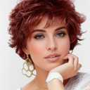 Short Ombre Red Curly Wigs for White Women Layered Red Mixed Brown Pixie Cut Wig with Bangs Synthetic Natural Looking Daily Party Wig 6 Inch