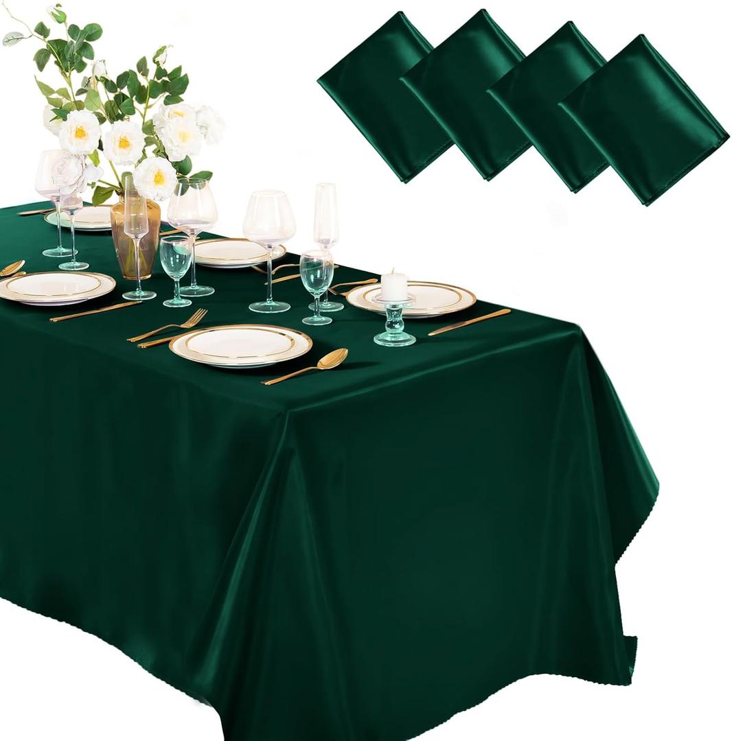 Horbaunal 4 Pack Dark Green Satin Tablecloth 60 x 102 Inches Rectangle Satin Table Cover Bright Silky Table Cloth Smooth Table Decoration for Wedding Party Banquet