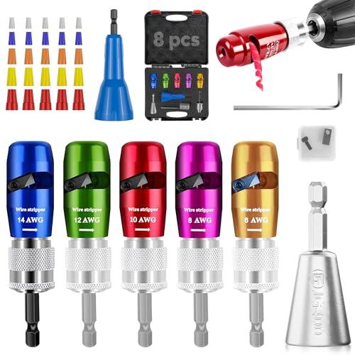 Mriykio Wire Stripper Tool, US Regulations Wire Stripper for Drill & Wire Twisting Connector Set, Electrician Tools Set, 8 in 1 Quickly Wire Strippers Professional Wire Twister Tool for Drill (8pcs)
