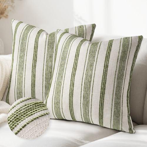 AELS 20x20 Decorative Farmhouse Linen Throw Pillow Covers, Beige with Olive Green Chenille Striped Pillow Case, Set of 2, Boho Textured Cushion Cover for Sofa Couch Living Room (Cover ONLY)