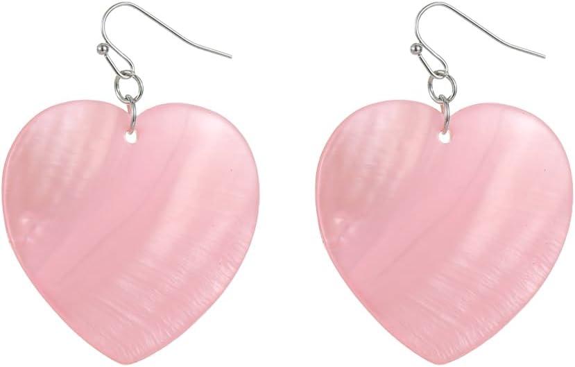 Heart Shaped Dangle Earrings for Women Handmade Shell Beads Drop Earrings for Gift (Pink)