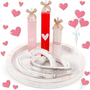 5 Pcs Vintage Valentine's Day Table Decorations Set Rustic Round Wood Tray Decor, Red Pink Wooden Table Block Signs, Heart Sculpture Ring, Tabletop Centerpiece for Shelf Farmhouse Home