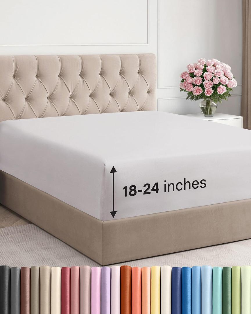 Extra Deep Queen Fitted Sheet - Hotel Luxury Single Fitted Sheet Only - Easily Fits 18 inch to 24 inch Mattress - Ultra Soft, Wrinkle Free with Extra Deep Pockets - Breathable & Comfy - French Grey