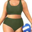 Daci Plus Size Two Piece High Waisted Bikini Set Sport Scoop Neck Swimsuit Full Coverage Bathing Suit Green 12 Plus