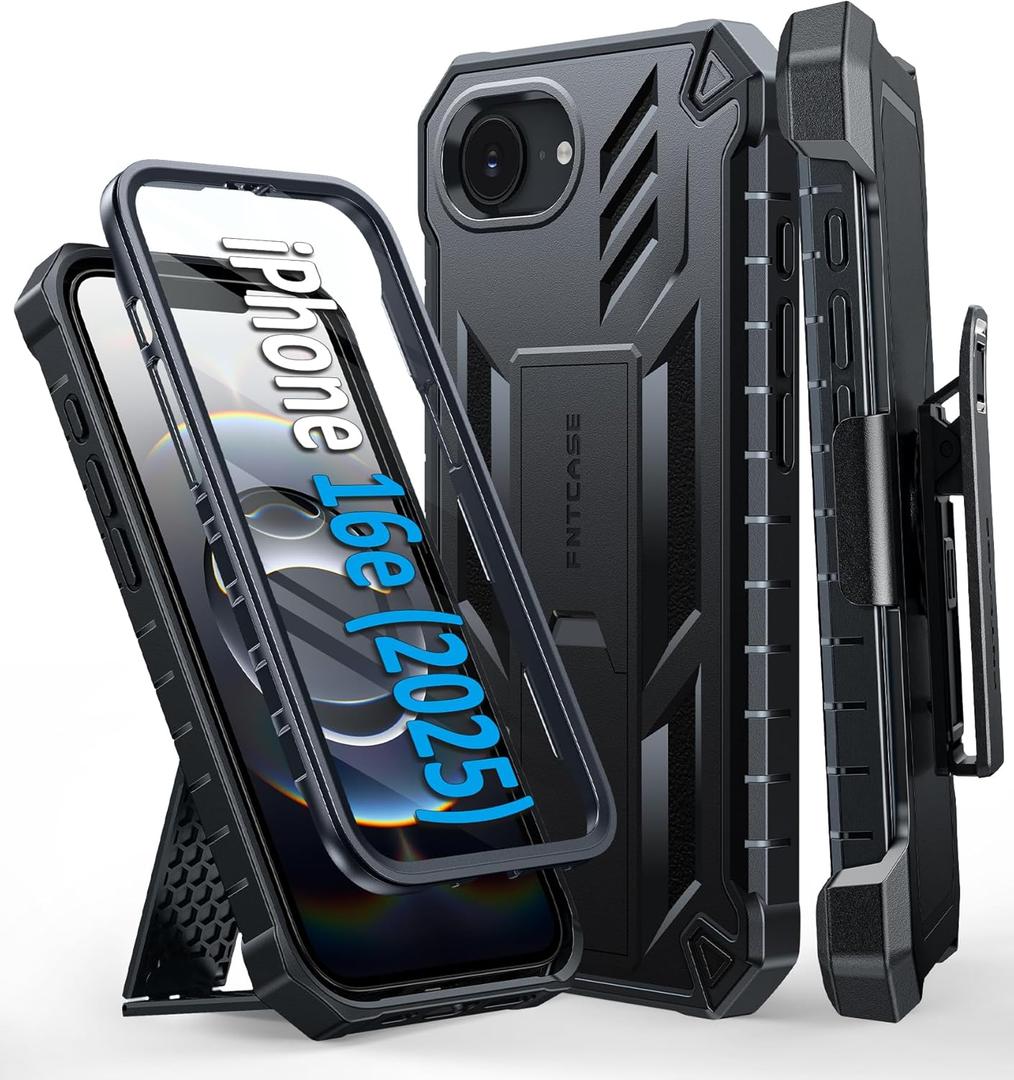 FNTCASE for iPhone 16e Phone Case: Military Grade [Built-in Screen Protector] [Belt-Clip & Kickstand] Matte Drop Proof Protection Cover | Rugged Shockproof TPU Protective Sturdy Cases 2025 - Black