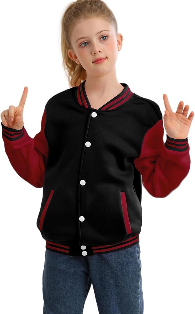 Kids Varsity Jacket Boys Baseball Jacket Sports Outerwear Coat for Girls School Uniform, red-black, size age 10 (Black)