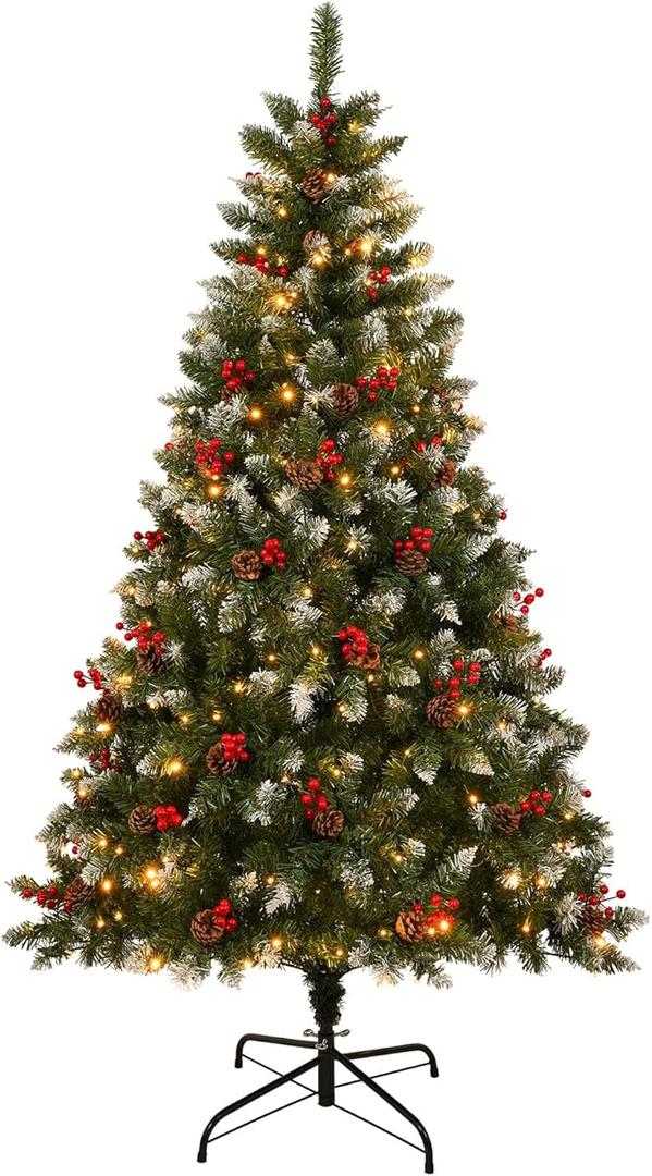 6 Ft Artificial Christmas Tree, Full Fake Christmas Tree with 800 Branch Tips Pine Cones Berries Metal Stand for Home Office Party Christmas Decoration