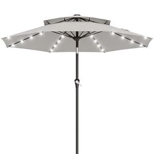 AreShark 9ft 2 Tiers Patio Umbrella with Solar Lights, Outdoor Umbrella w/ 32 LED Lights&8 Sturdy Ribs, Table Umbrella for Deck, Backyard, Pool(Light Gray)