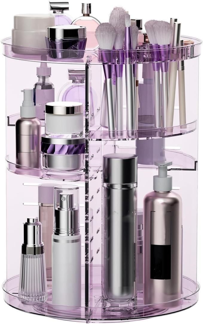 Rotating Makeup Organizer for Vanity, DIY Adjustable Tray Spinning Skincare Organizers Countertop, Cosmetic Display Case with Perfume Tray Brush Holder, Bathroom Desk Corner Storage Carousel Rack