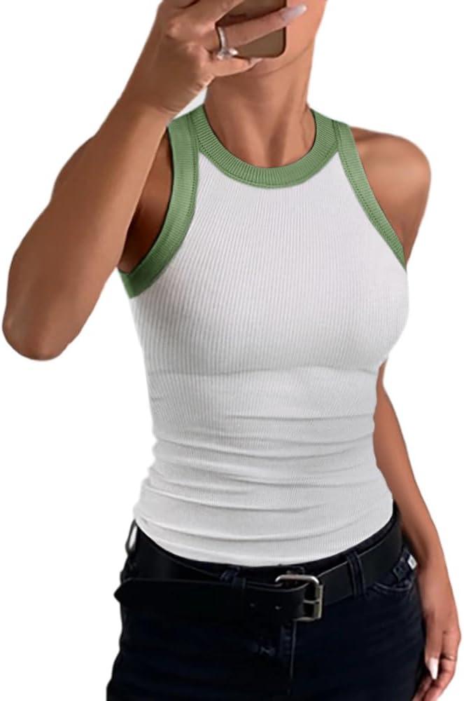 Tank Tops for Women Summer Sleeveless Round Neck Basic Cami Top Slim Knit Ribbed Racerback Blouses (White, M)