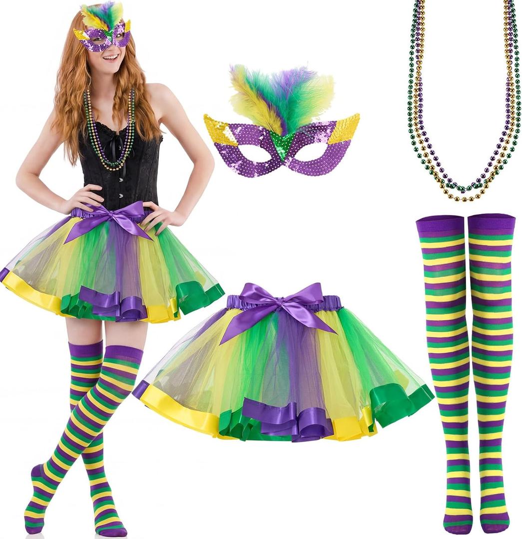 Syhood 6 Pcs Mardi Gras Costume Set, Sequined Tassels Tutu Skirt, Faux Feather Pattern Half Mask, Necklace and Long Socks (M)