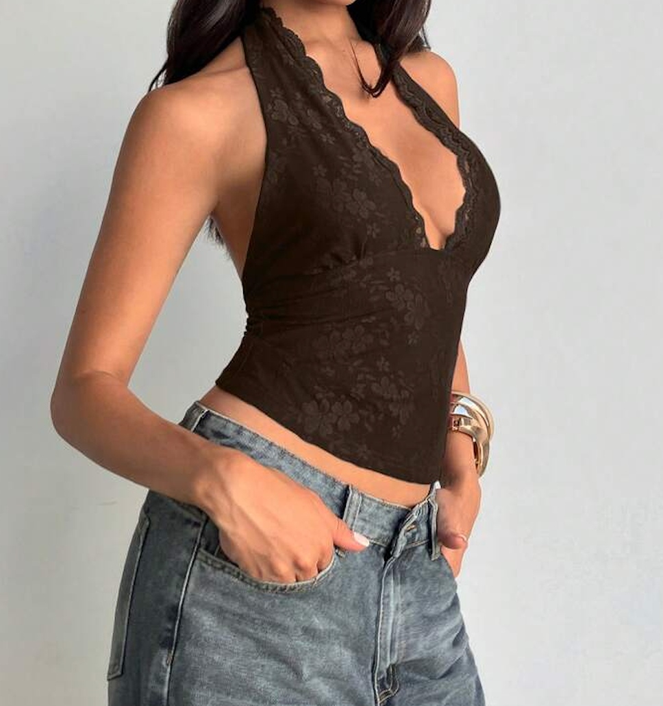 Women's Y2k Tops Floral Lace Halter Tie Back Going Out Top Sexy Deep V Neck Backless Rave Cami, Size S, Brown