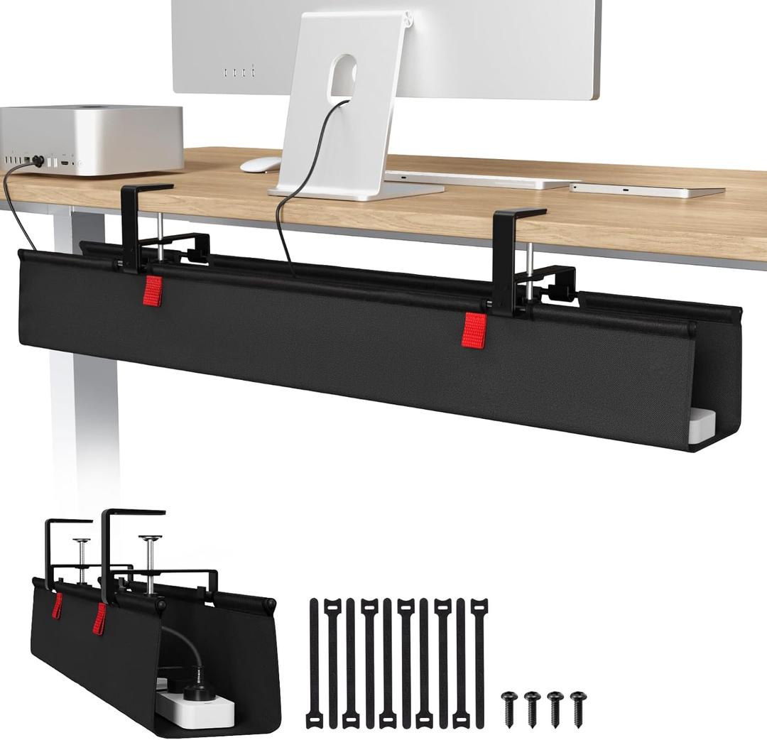No Drill Under Desk Cable Management Tray, 36" Cord Organizer for Table, Clamp/Screw Mount Desk Cable Management, Premium Fabric Cable Management Tray for Office, Home（Black/2set）
