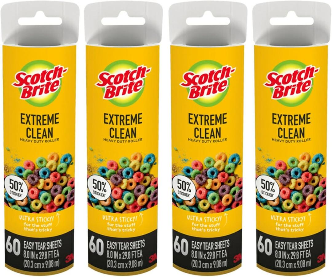 ScotchBrite Extreme Clean Large Lint Roller Refills, 50% Stickier*, Heavy Duty for Removing Debris and Pet Hair on Clothes, Furniture, Cars, Offices & More, 4 Pack, 240 Adhesive Sheets Total