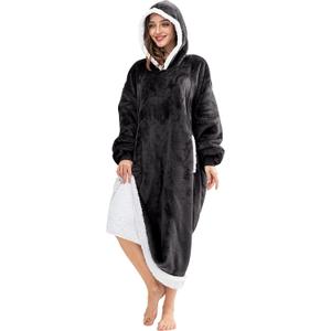 HBlife Long Oversized Wearable Blanket Hoodie for Adults, Thick Sherpa Fleece Sweatshirt with Elastic Sleeves & Giant Pockets, Cozy Plush Fleece Jacket, Black, One Size