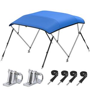 KAKIT 4 Bow Bimini Top for Boats, Marine Grade Canvas Top Heavy Duty Oxford Boat Canopy Adjustable 4 Straps Zippered Storage Boot Metal Base (4 Bow 8'L x 54" H x 73"-78" W,Blue)