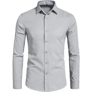 Men's Long Sleeve Button Up Shirts Solid Slim Fit Casual Business Formal Dress Shirt (Grey), Size XS