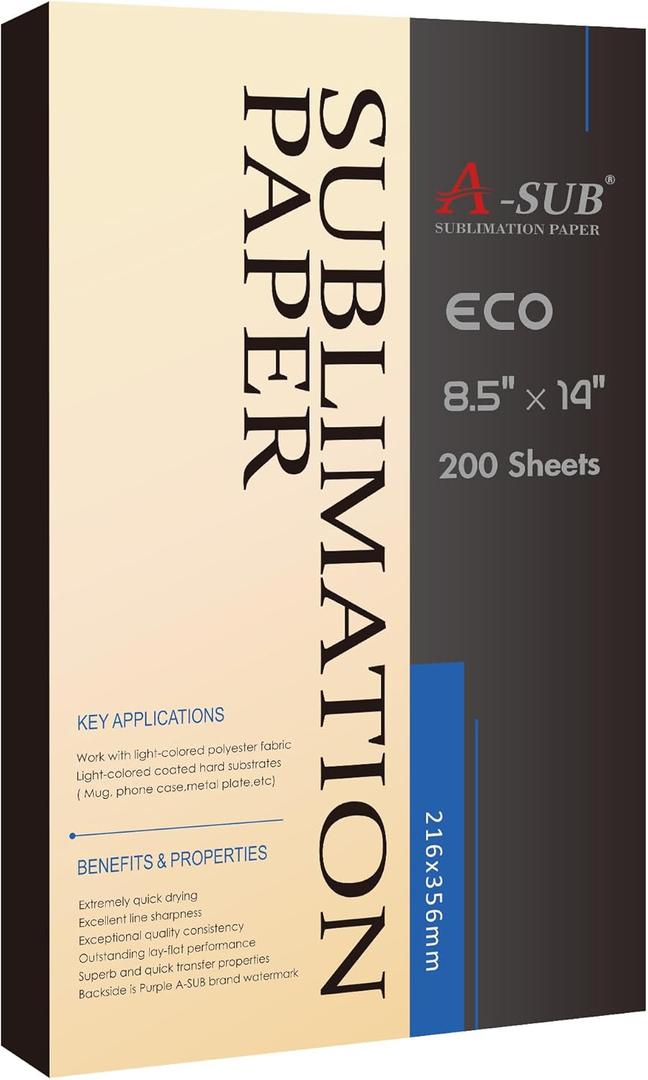 A-SUB Sublimation Paper 8.5x14 Inch-200 Sheets Heat Transfer Paper for Light Colored Fabric and Other Blanks, Works with Inkjet Printer and Sublimation Ink 125g