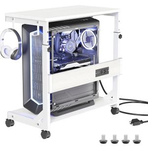 Height Adjustable Computer Tower Stand with Charge Station and USB Charging Port, 2-Tier ATX-Case Cart, Under Desk Mobile PC Stand, CPU Holder Cart with Locking Caster Wheels for Fits Most PC (White)