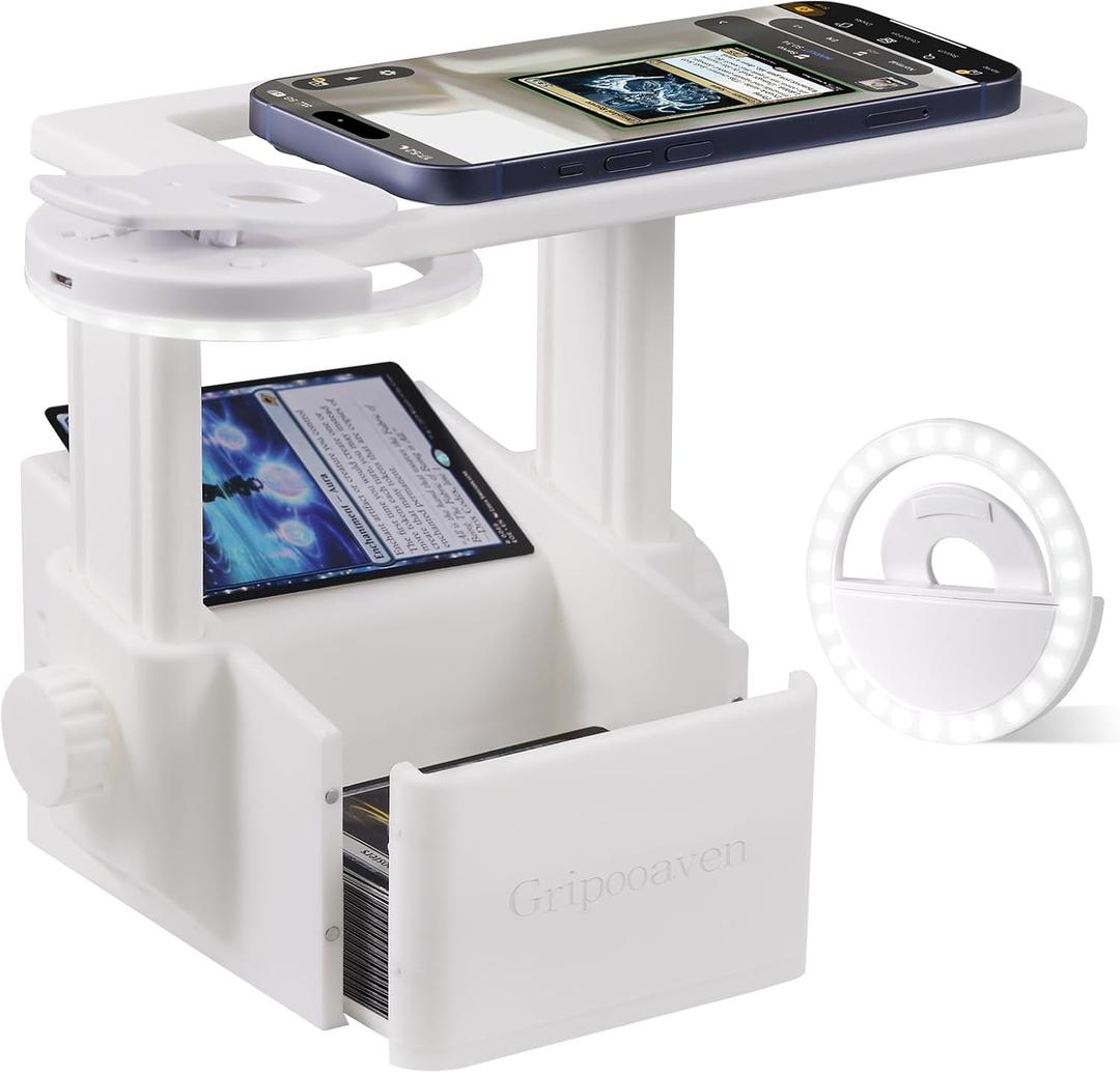 Trading Card Scanner Stand with Light, Card Scanner Holder with Adjustable Height for TCG Cards, Built-in Magnetic Ring Compatible with MagSafe Phones, Rechargeable Light & Stable Magnetic Card Slot