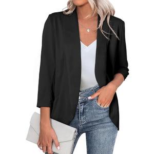 Happy Sailed Womens 3/4 Sleeve Blazers Lightweight Open Front Cardigan Jacket Office Work Suits (Black, XL)