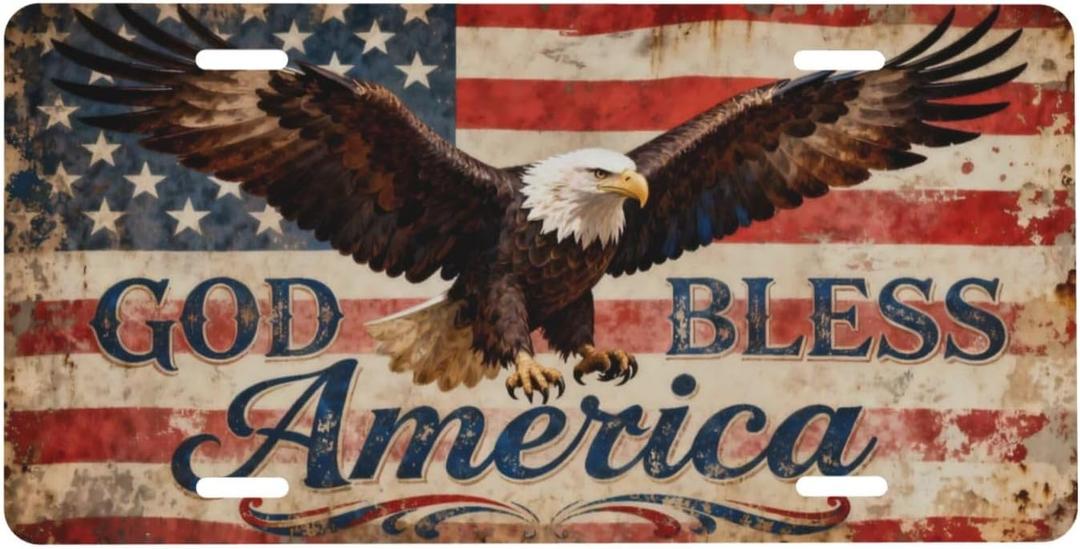 Eagle American Flag Bless Front License Plate Car Decorative License Plates Aluminum Metal Decor Accessory Novelty Vanity Tag Cover with 4 Holes for Men Women 6" X 12"