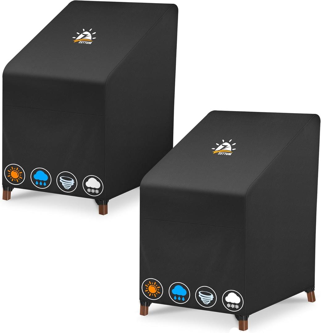 Zettum Stackable Patio Chair Cover 2 Pack - 600D Outdoor Chair Cover Waterproof & Heavy Duty, Lawn Furniture Stacking Seat Cover for 4 - 6 Outdoor Stackable Dining Chairs - 28 x 36 x 47 Inch