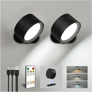 LED Wall Mounted Lights, Rechargeable Wall Sconce Lamps, 3 Color Temps & Remote and Touch, 360 Rotation Dimmable Cordless Wall Light for Study Bedroom Reading Bedside (Black, 2 Pack)