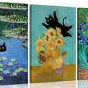 3 Pcs Funny Black Cat Canvas Wall Art Cat in Water Lilies Painting Picture Wall Decor Garden Flowers Black Cat Aesthetic Poster Print Artwork for Room Bedroom Living Room Bathroom Home Decoration (24L" x 16W")