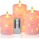 Da by Flameless Candles with String LightsBattery Operated Candles,LED Flickering Candles with Remote Control and Timer, Real Wax, 3 Pack-Pink (Rose#3*1)