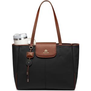 LOVEVOOK Laptop Tote Bag for Women,Nylon Work Totes with 15.6 Inch Laptop Compartments, Lightweight Computer Purse with Large Cup Holder,Travel Tote with Luggage Straps (Black-Brown)